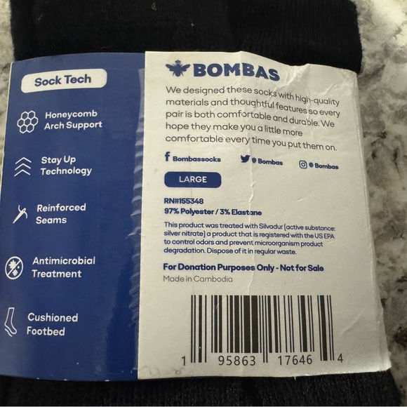 Bombas Adult Large Lot 2 Black Crew Sock NEW Gray Stripe Bee Original Calf Logo - Picture 5 of 7